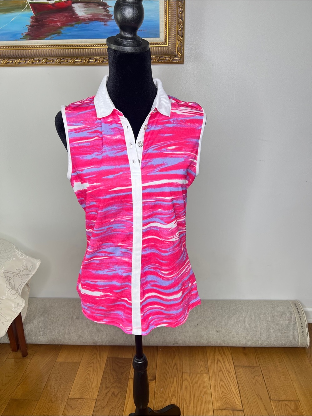 Pink Wave-Print Sleeveless Polo Tank with White Trim